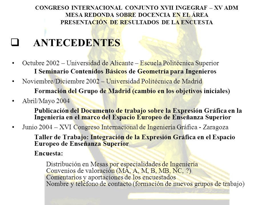 ANTECEDENTES Octubre 2002 – Universidad de Alicante – Escuela Politécnica Superior. I Seminario Contenidos Básicos de Geometría para Ingenieros.