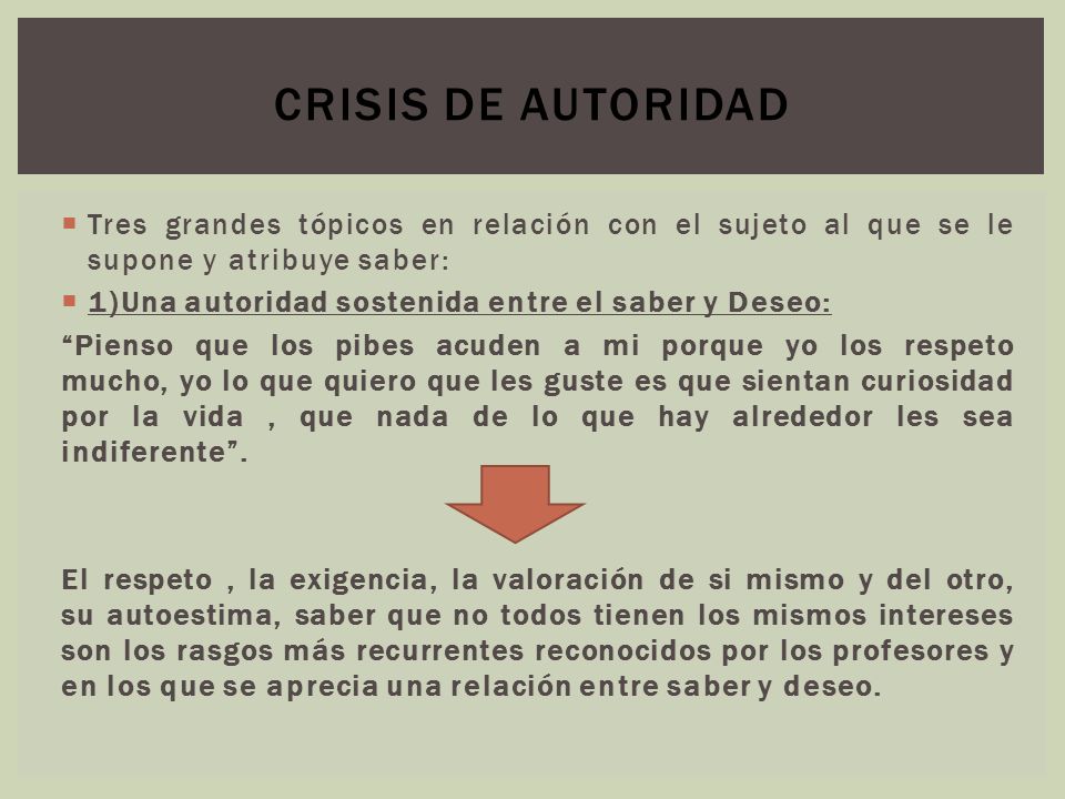 CRISIS DE AUTORIDAD Tres grandes tópicos en relación con el sujeto al que se le supone y atribuye saber: