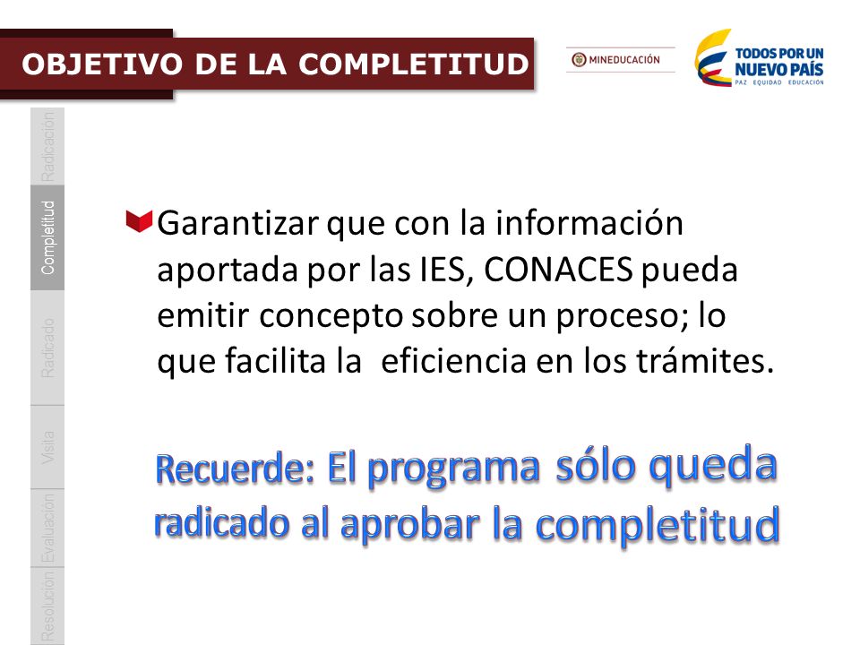 Recuerde: El programa sólo queda radicado al aprobar la completitud
