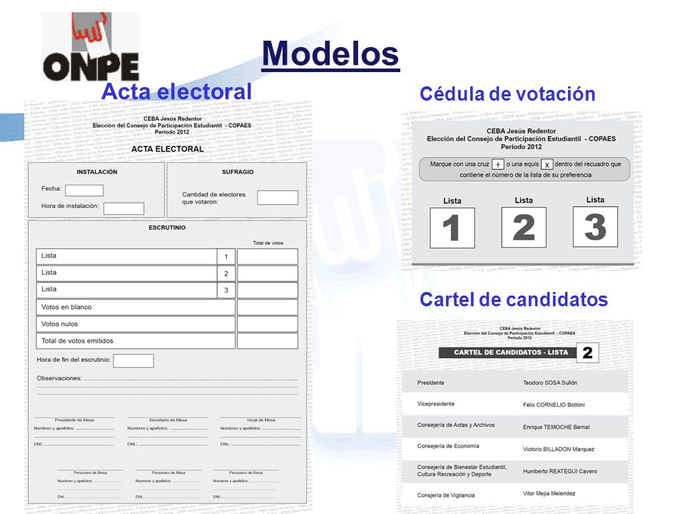 Modelos Acta electoral Cédula de votación Cartel de candidatos