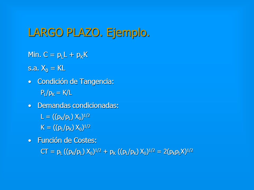 LARGO PLAZO. Ejemplo. Min. C = pLL + pKK s.a. X0 = KL