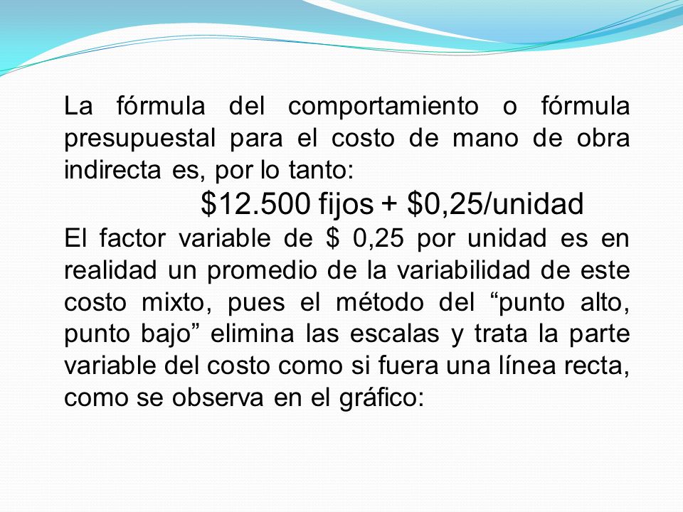 La fórmula del comportamiento o fórmula presupuestal para el costo de mano de obra indirecta es, por lo tanto: