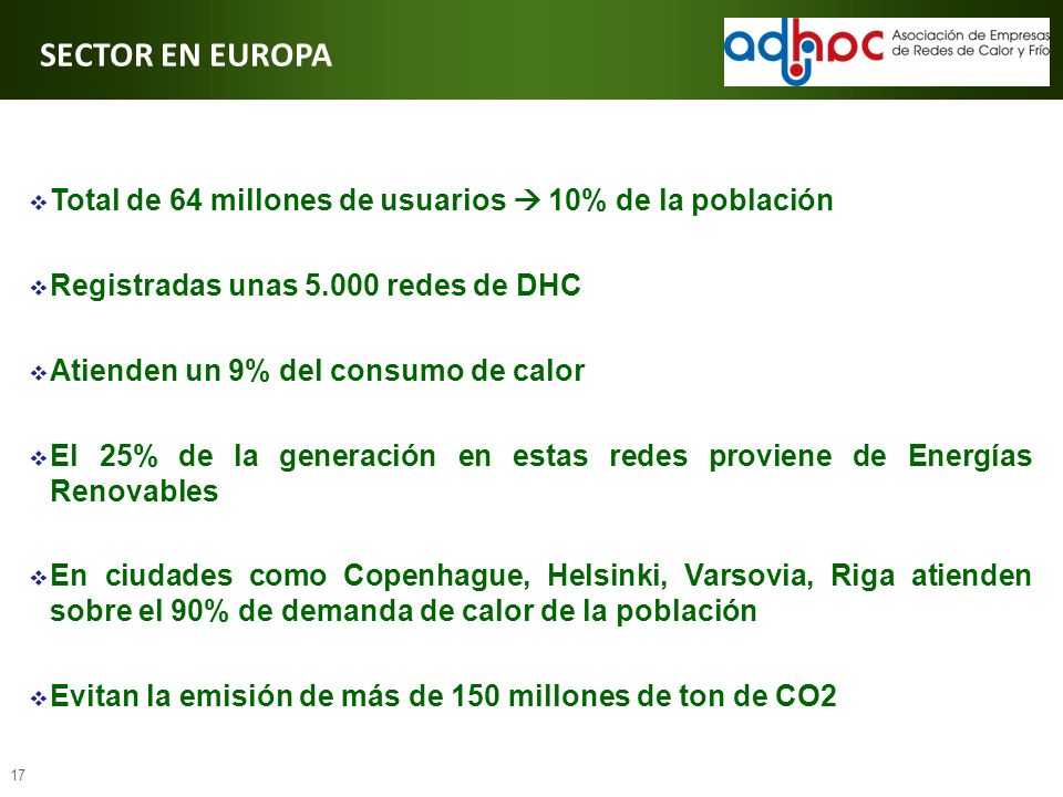 SECTOR EN EUROPA Total de 64 millones de usuarios  10% de la población. Registradas unas redes de DHC.