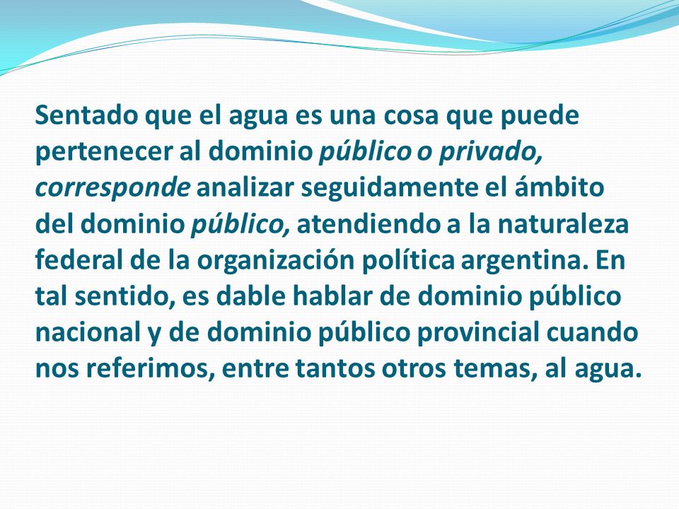 Sentado que el agua es una cosa que puede pertenecer al dominio público o privado, corresponde analizar seguidamente el ámbito del dominio público, atendiendo a la naturaleza federal de la organización política argentina.