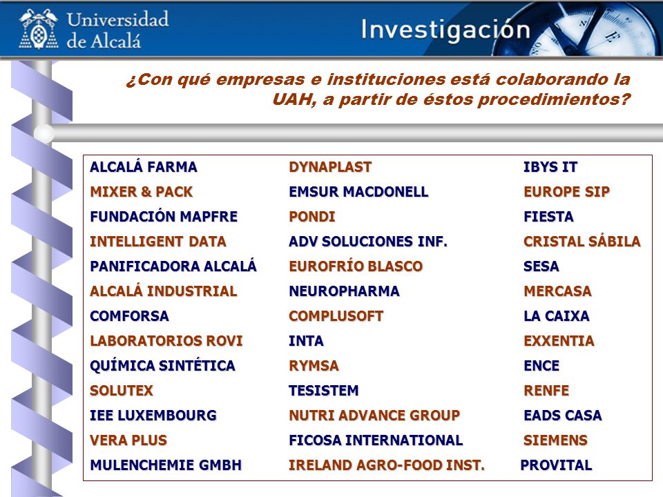 ¿Con qué empresas e instituciones está colaborando la UAH, a partir de éstos procedimientos