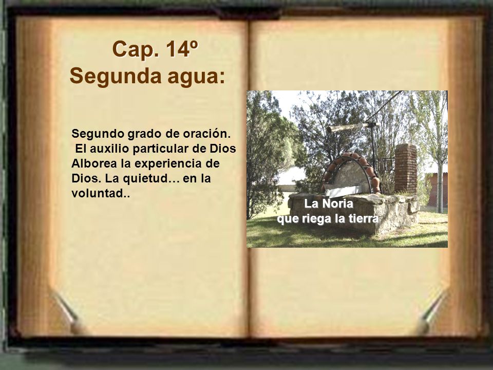 Cap. 14º Segunda agua: Segundo grado de oración. El auxilio particular de Dios. Alborea la experiencia de Dios. La quietud… en la voluntad..