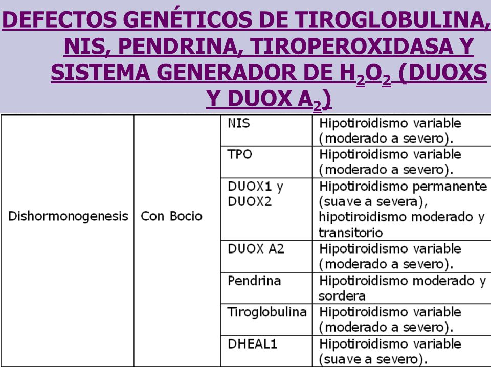 DEFECTOS GENÉTICOS DE TIROGLOBULINA, NIS, PENDRINA, TIROPEROXIDASA Y SISTEMA GENERADOR DE H2O2 (DUOXS Y DUOX A2)