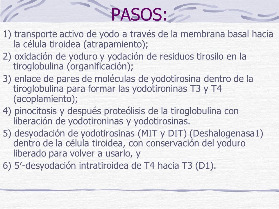 PASOS: 1) transporte activo de yodo a través de la membrana basal hacia la célula tiroidea (atrapamiento);