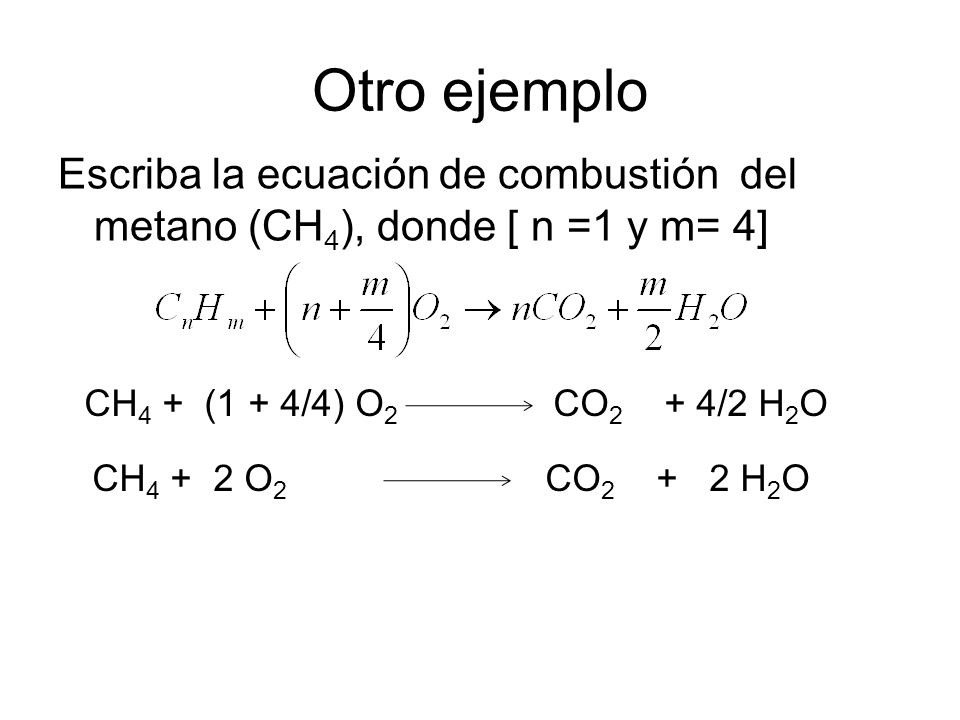 Otro ejemplo Escriba la ecuación de combustión del metano (CH4), donde [ n =1 y m= 4] CH4 + (1 + 4/4) O2 CO2 + 4/2 H2O.
