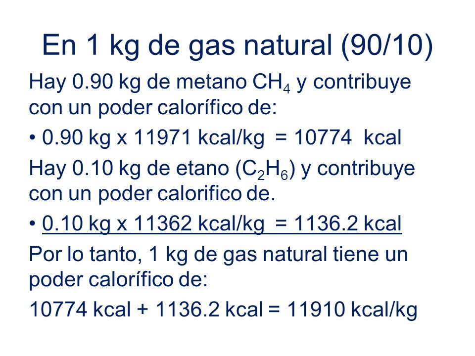 En 1 kg de gas natural (90/10) Hay 0.90 kg de metano CH4 y contribuye con un poder calorífico de: 0.90 kg x kcal/kg = kcal.