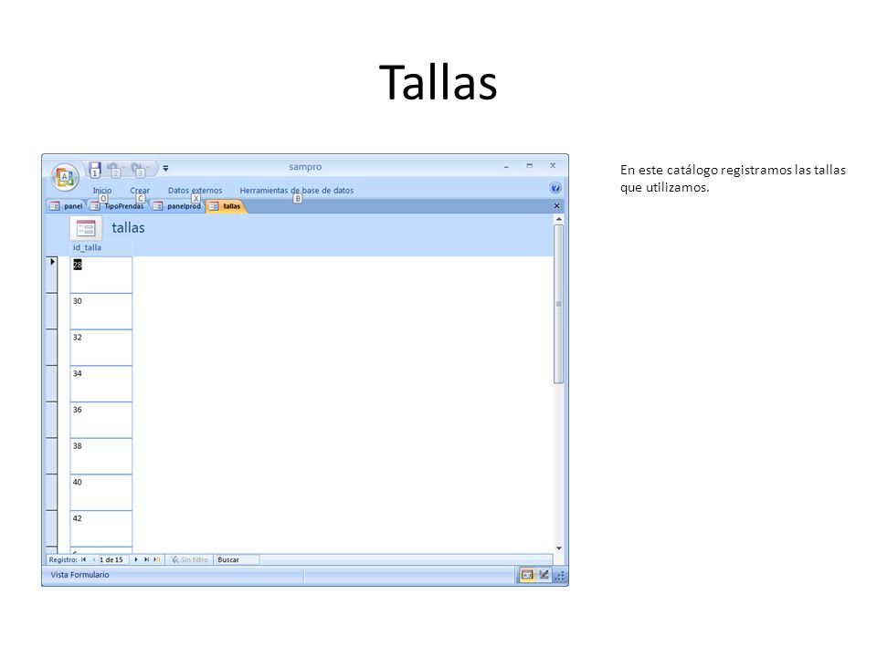 Tallas En este catálogo registramos las tallas que utilizamos.
