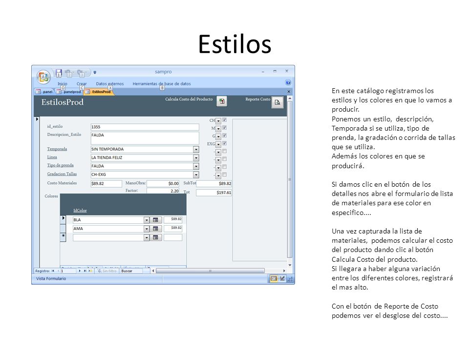 Estilos En este catálogo registramos los estilos y los colores en que lo vamos a producir.