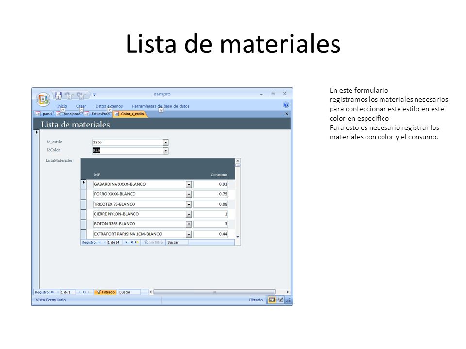 Lista de materiales En este formulario