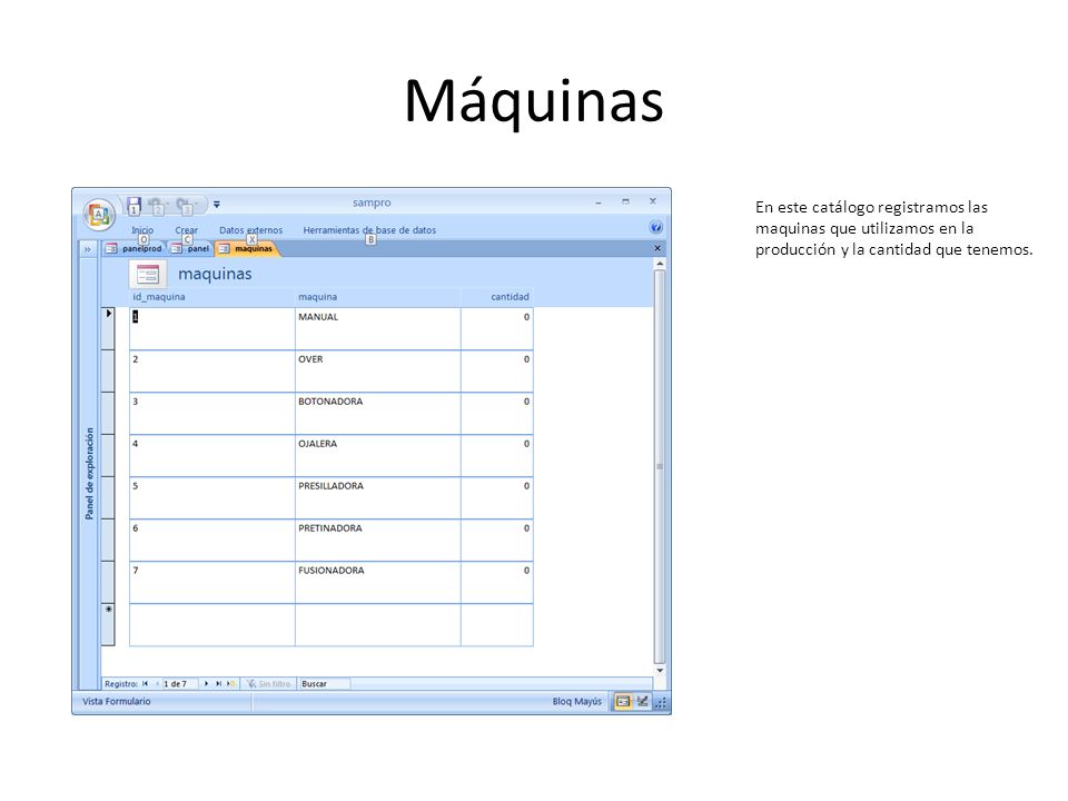 Máquinas En este catálogo registramos las maquinas que utilizamos en la producción y la cantidad que tenemos.