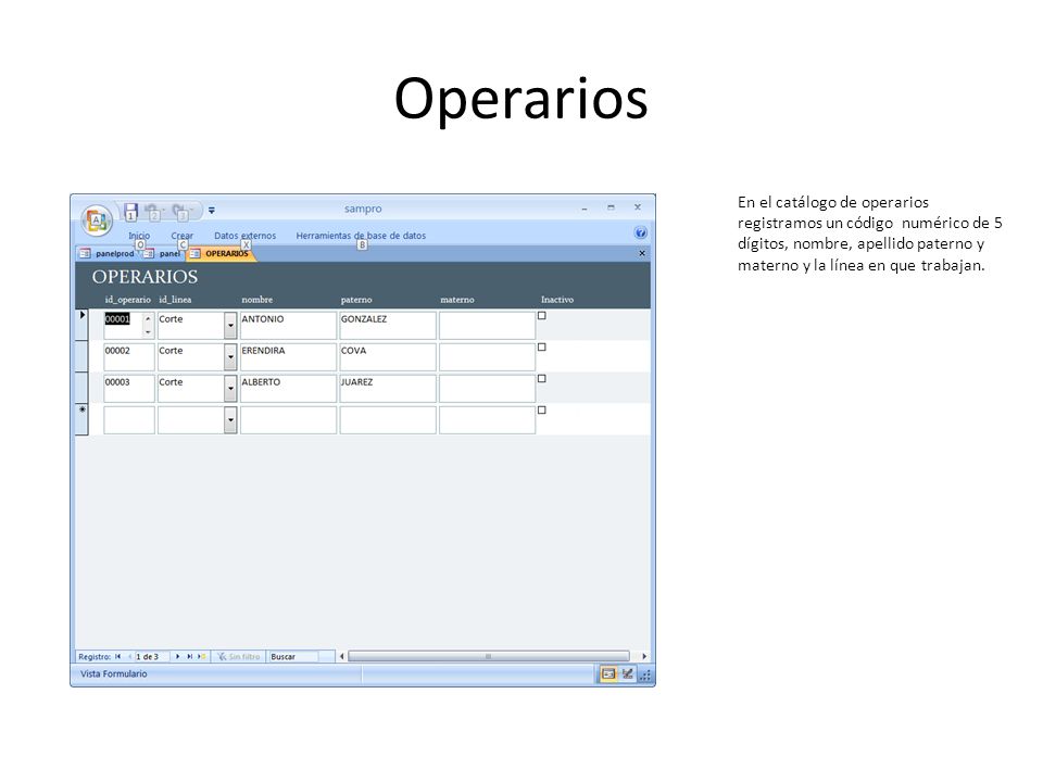 Operarios En el catálogo de operarios registramos un código numérico de 5 dígitos, nombre, apellido paterno y materno y la línea en que trabajan.