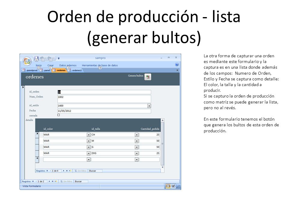 Orden de producción - lista (generar bultos)