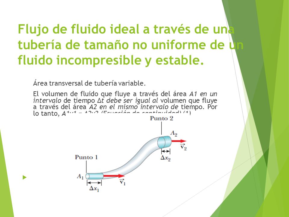 Flujo de fluido ideal a través de una tubería de tamaño no uniforme de un fluido incompresible y estable.