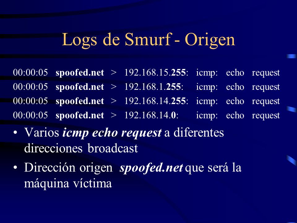 Logs de Smurf - Origen 00:00:05 spoofed.net > : icmp: echo request.
