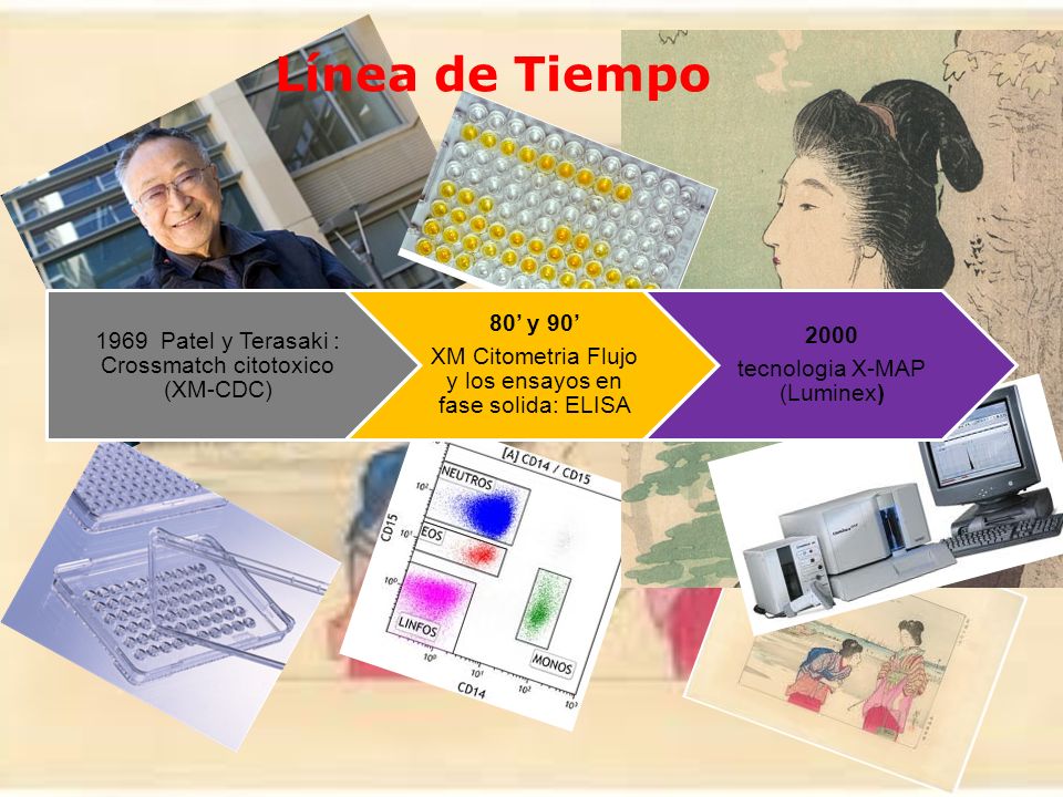 Línea de Tiempo 1969 Patel y Terasaki : Crossmatch citotoxico (XM-CDC) 80’ y 90’ XM Citometria Flujo y los ensayos en fase solida: ELISA.
