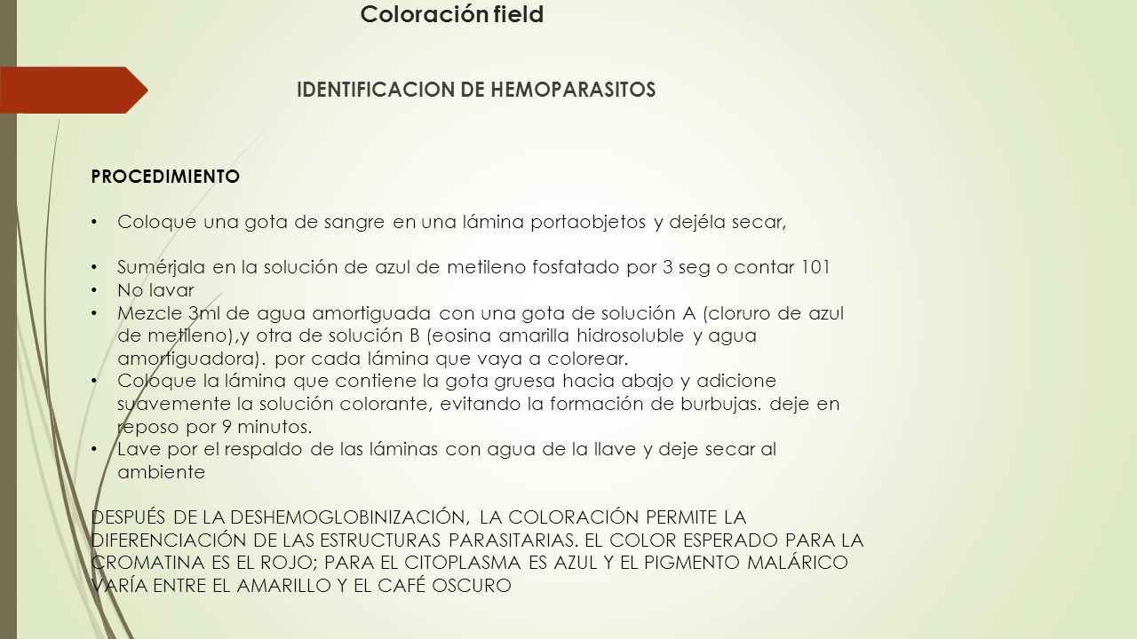 Coloración field IDENTIFICACION DE HEMOPARASITOS PROCEDIMIENTO