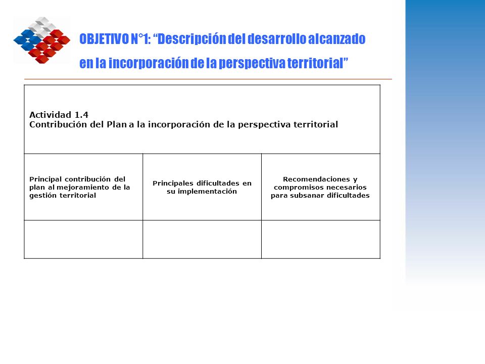 OBJETIVO N°1: Descripción del desarrollo alcanzado en la incorporación de la perspectiva territorial