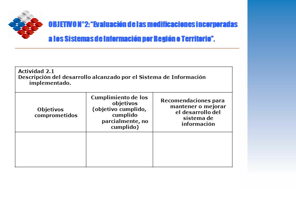 OBJETIVO N°2: Evaluación de las modificaciones incorporadas a los Sistemas de Información por Región o Territorio .