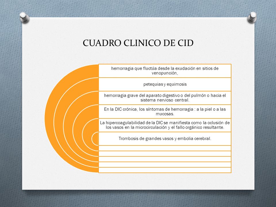 CUADRO CLINICO DE CID hemorragia que fluctúa desde la exudación en sitios de venopunción, petequias y equimosis.