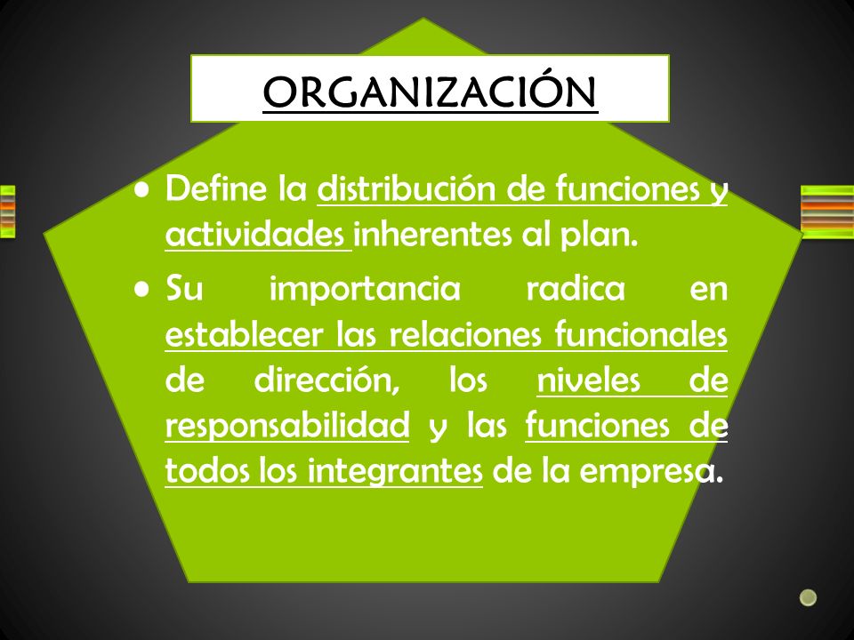ORGANIZACIÓN Define la distribución de funciones y actividades inherentes al plan.