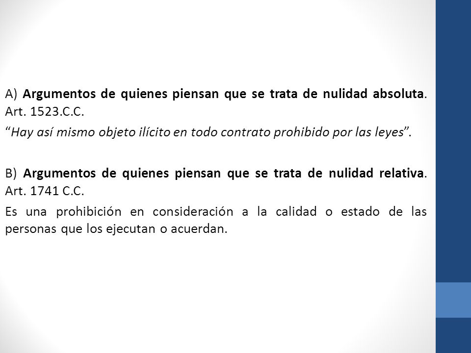 A) Argumentos de quienes piensan que se trata de nulidad absoluta. Art