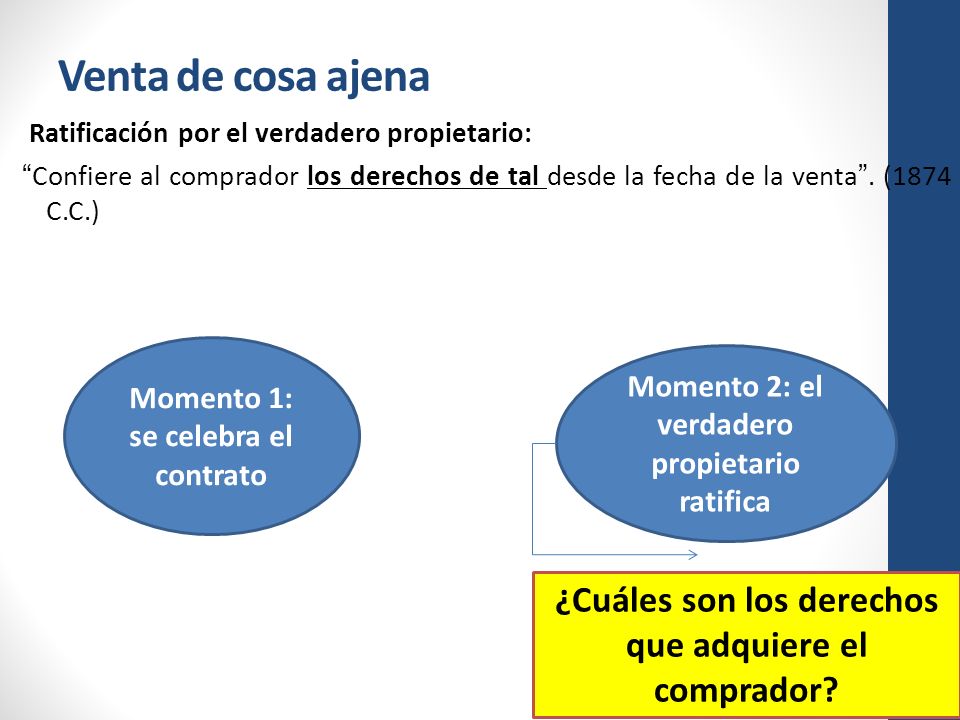 Venta de cosa ajena Ratificación por el verdadero propietario: Confiere al comprador los derechos de tal desde la fecha de la venta . (1874 C.C.)