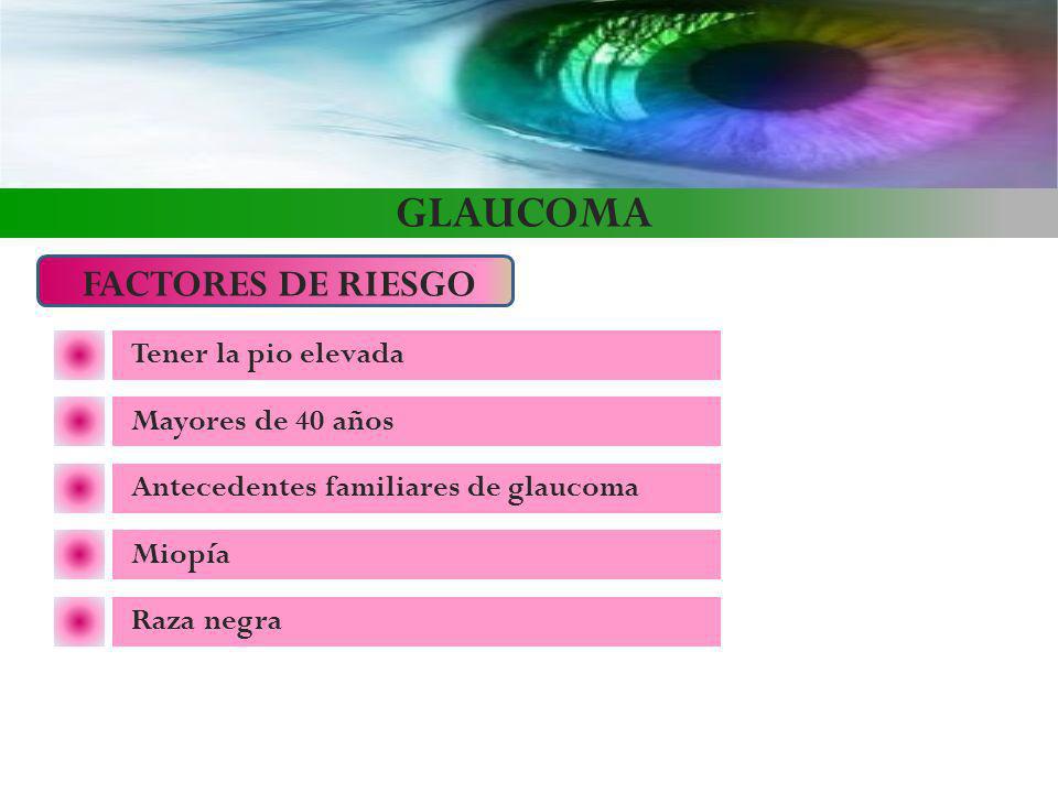 GLAUCOMA FACTORES DE RIESGO Tener la pio elevada Mayores de 40 años