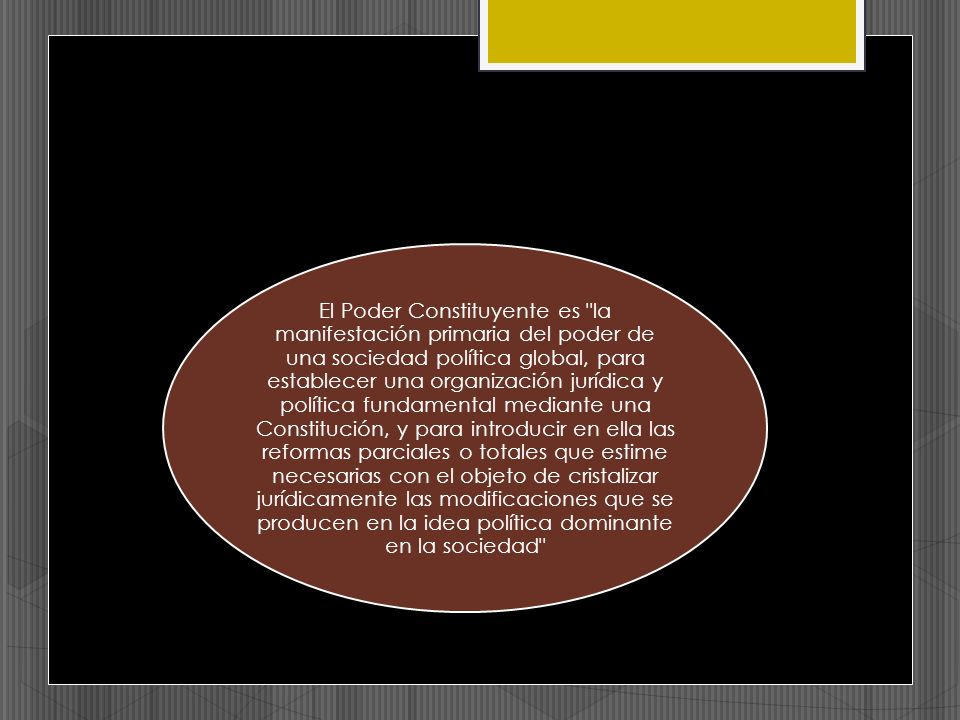 El Poder Constituyente es la manifestación primaria del poder de una sociedad política global, para establecer una organización jurídica y política fundamental mediante una Constitución, y para introducir en ella las reformas parciales o totales que estime necesarias con el objeto de cristalizar jurídicamente las modificaciones que se producen en la idea política dominante en la sociedad