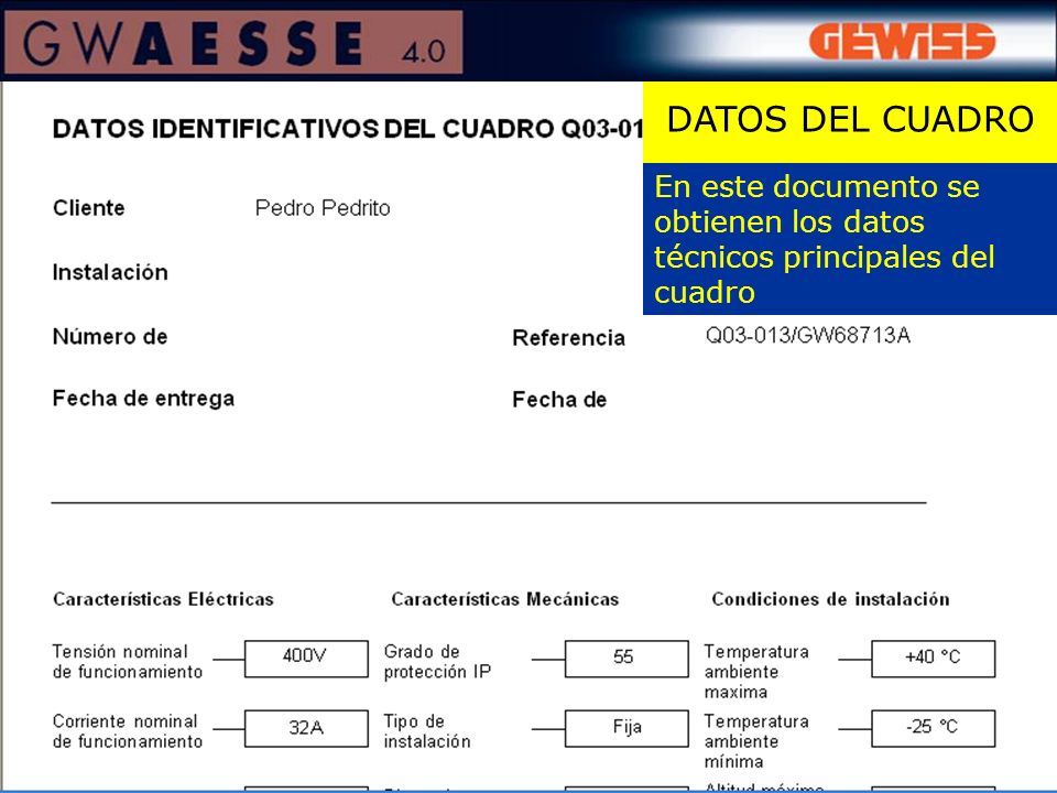 DATOS DEL CUADRO En este documento se obtienen los datos técnicos principales del cuadro