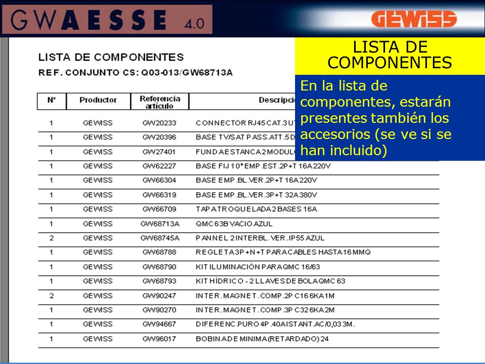 LISTA DE COMPONENTES En la lista de componentes, estarán presentes también los accesorios (se ve si se han incluido)
