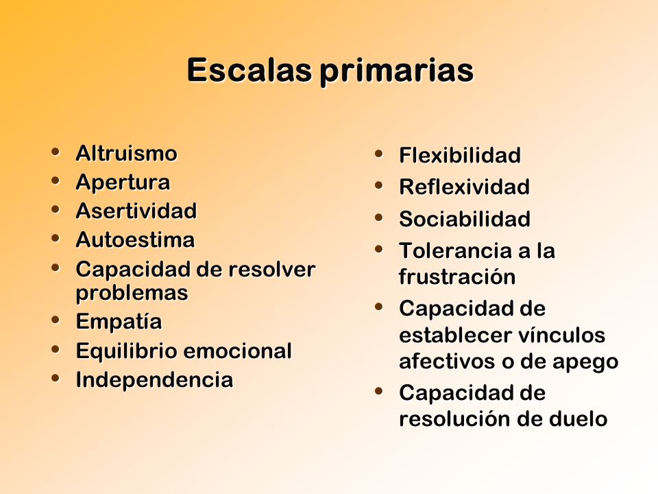 Escalas primarias Altruismo Apertura Asertividad Autoestima