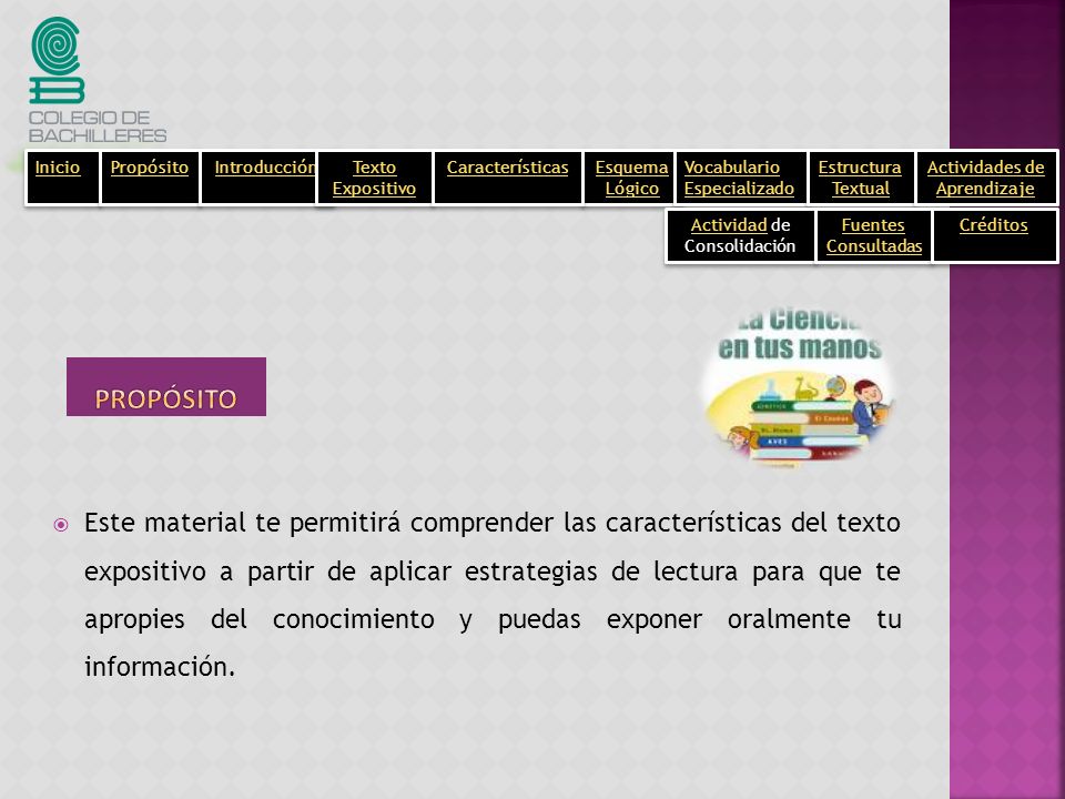 Inicio Propósito. Introducción. Texto Expositivo. Esquema Lógico. Vocabulario Especializado. Estructura Textual.