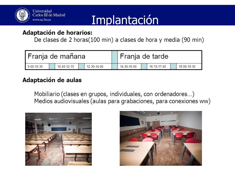 Implantación Franja de mañana Franja de tarde Adaptación de horarios: