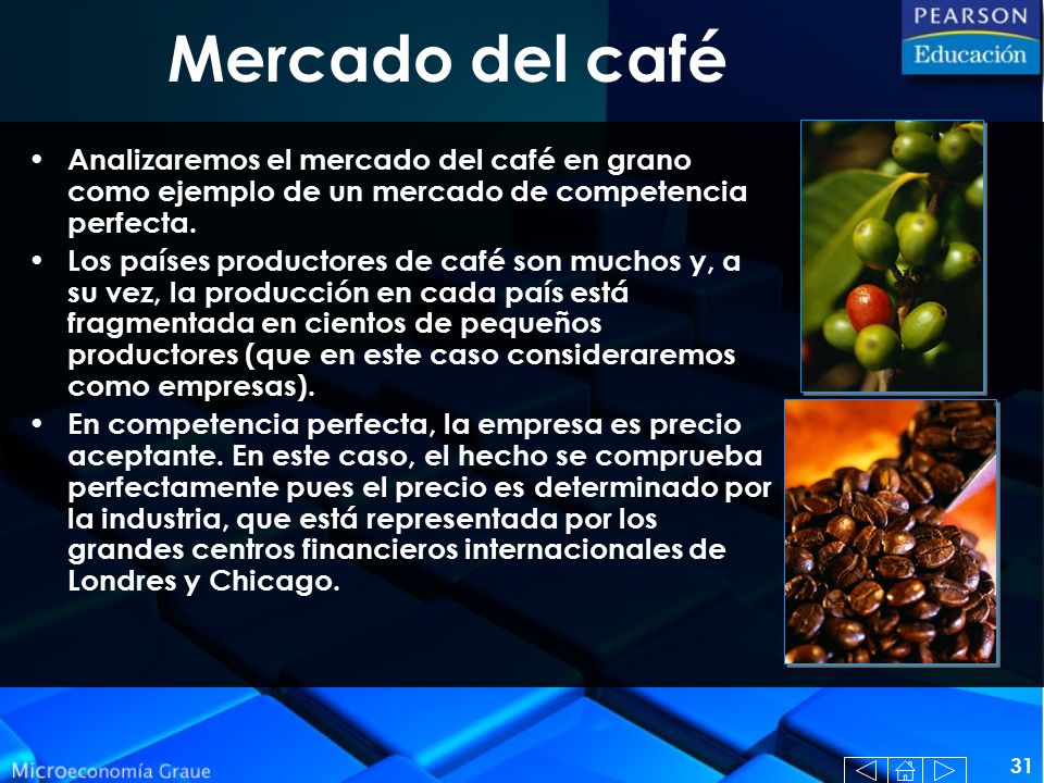 Mercado del café Analizaremos el mercado del café en grano como ejemplo de un mercado de competencia perfecta.