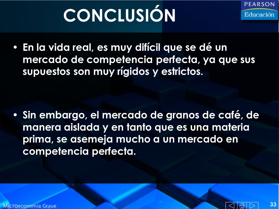 CONCLUSIÓN En la vida real, es muy difícil que se dé un mercado de competencia perfecta, ya que sus supuestos son muy rígidos y estrictos.