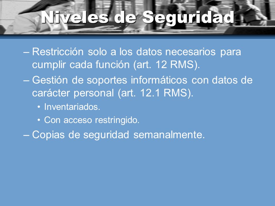 Niveles de Seguridad Restricción solo a los datos necesarios para cumplir cada función (art. 12 RMS).