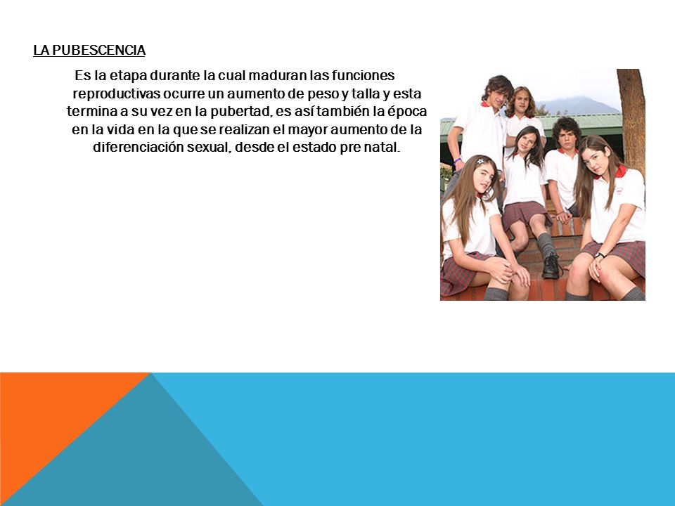 LA PUBESCENCIA Es la etapa durante la cual maduran las funciones reproductivas ocurre un aumento de peso y talla y esta termina a su vez en la pubertad, es así también la época en la vida en la que se realizan el mayor aumento de la diferenciación sexual, desde el estado pre natal.