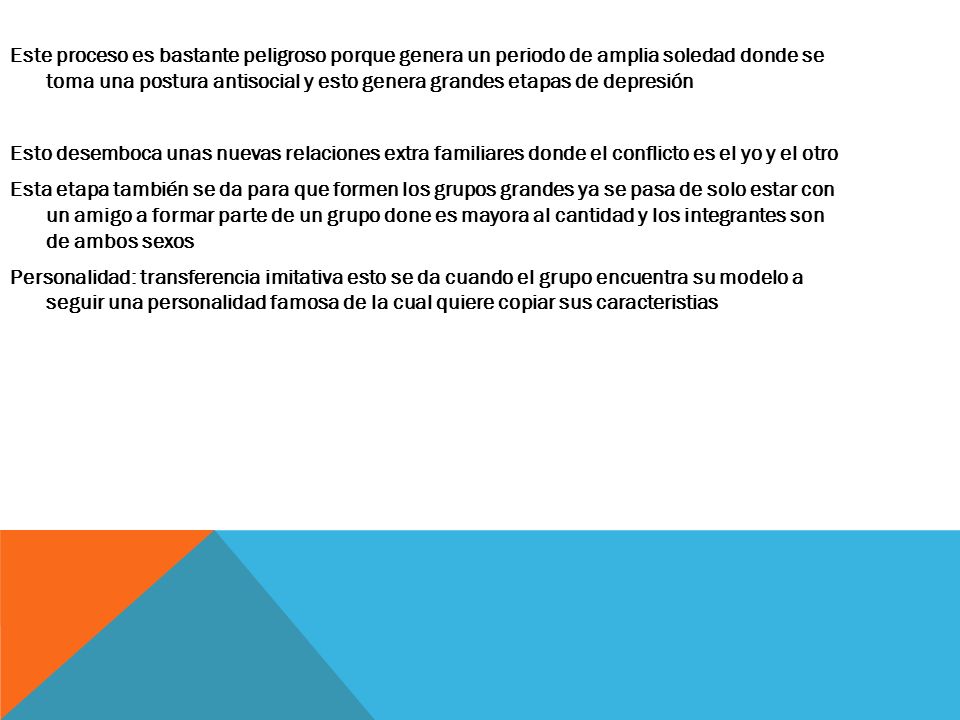 Este proceso es bastante peligroso porque genera un periodo de amplia soledad donde se toma una postura antisocial y esto genera grandes etapas de depresión Esto desemboca unas nuevas relaciones extra familiares donde el conflicto es el yo y el otro Esta etapa también se da para que formen los grupos grandes ya se pasa de solo estar con un amigo a formar parte de un grupo done es mayora al cantidad y los integrantes son de ambos sexos Personalidad: transferencia imitativa esto se da cuando el grupo encuentra su modelo a seguir una personalidad famosa de la cual quiere copiar sus caracteristias