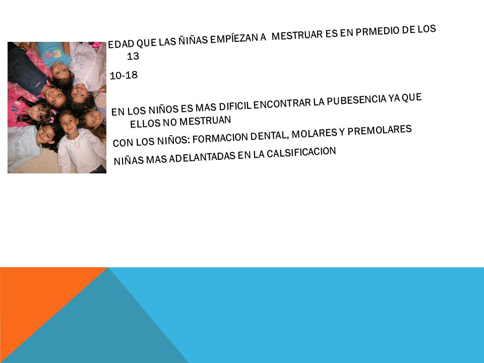 EDAD QUE LAS ÑIÑAS EMPÍEZAN A MESTRUAR ES EN PRMEDIO DE LOS 13