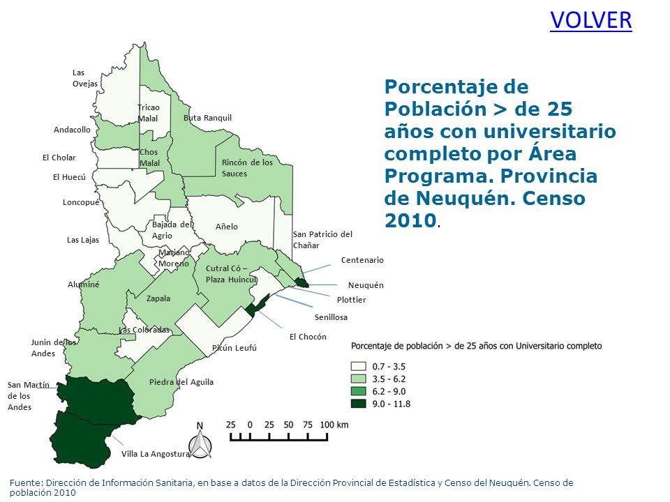 VOLVER Las Ovejas. Porcentaje de Población > de 25 años con universitario completo por Área Programa. Provincia de Neuquén. Censo