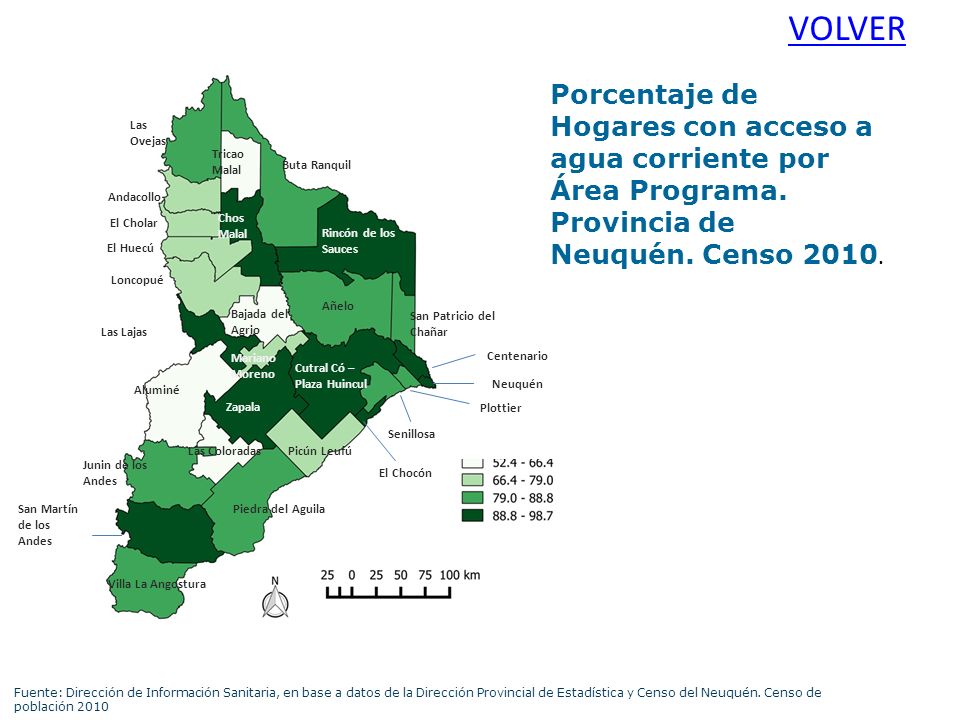 VOLVER Porcentaje de Hogares con acceso a agua corriente por Área Programa. Provincia de Neuquén. Censo