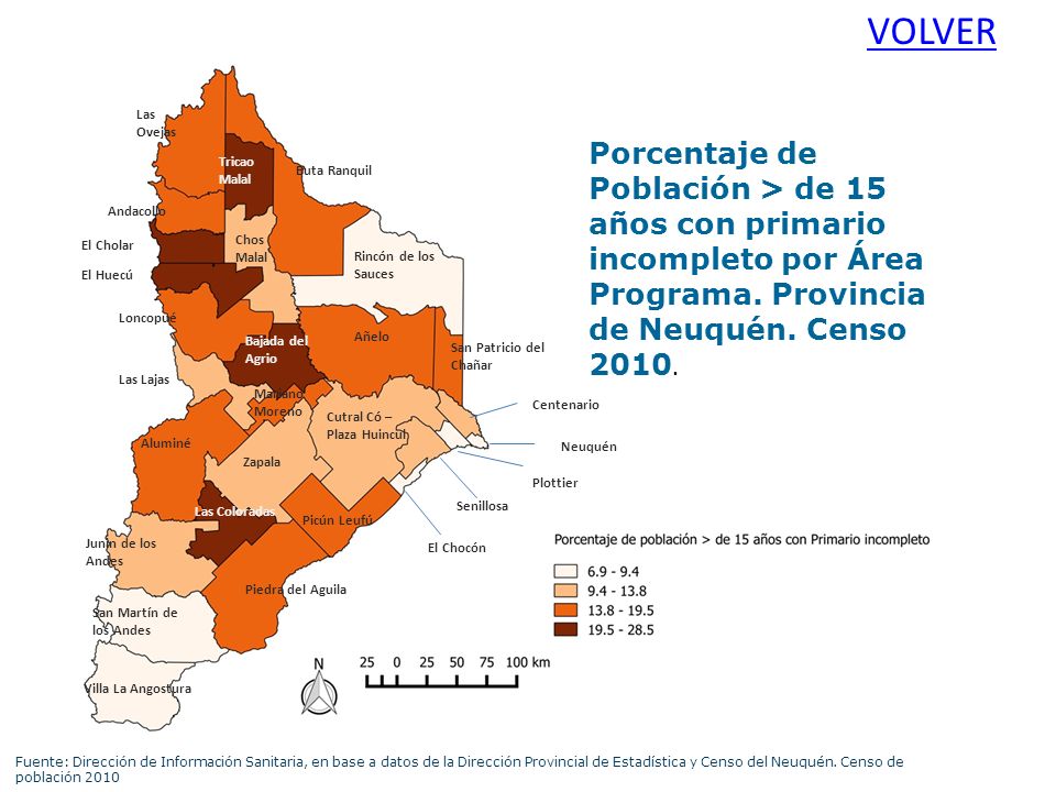VOLVER Las Ovejas. Porcentaje de Población > de 15 años con Primario incompleto por Área Programa Hospitalaria. Provincia del Neuquén. Censo