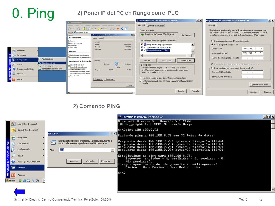 0. Ping 2) Poner IP del PC en Rango con el PLC 2) Comando PING