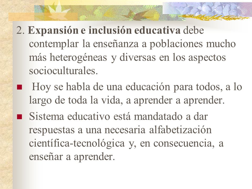 2. Expansión e inclusión educativa debe contemplar la enseñanza a poblaciones mucho más heterogéneas y diversas en los aspectos socioculturales.