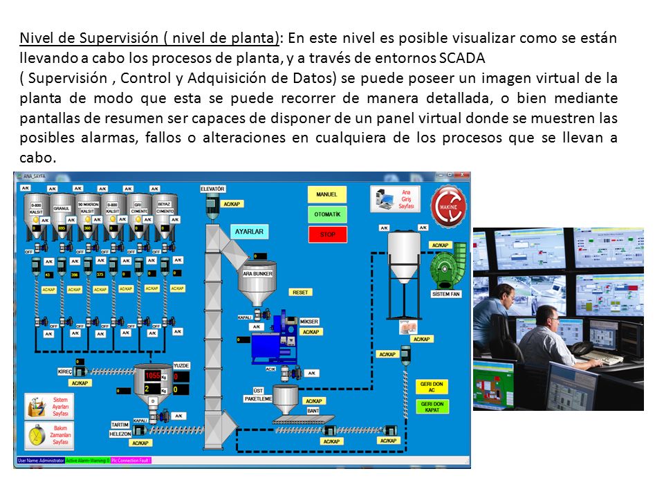 Nivel de Supervisión ( nivel de planta): En este nivel es posible visualizar como se están llevando a cabo los procesos de planta, y a través de entornos SCADA