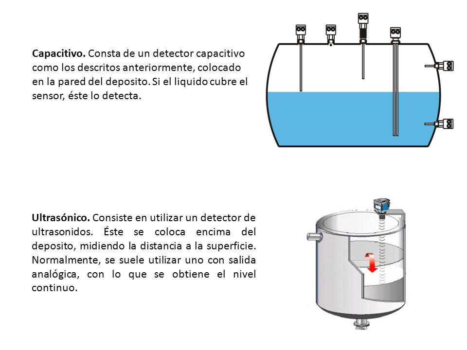 Capacitivo. Consta de un detector capacitivo como los descritos anteriormente, colocado en la pared del deposito. Si el liquido cubre el sensor, éste lo detecta.